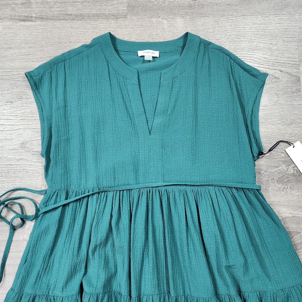 NWT CALVIN KLEIN Emerald Green Tiered Short Sleeve Midi Dress 10 - Picture 2 of 12